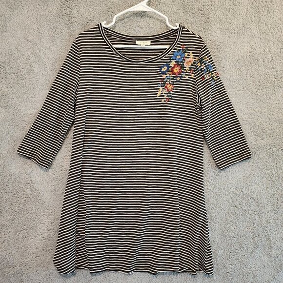 Umgee Mini Dress Tunic Black White Stripe Embroidered Flowers Sz S Boho - Picture 5 of 7